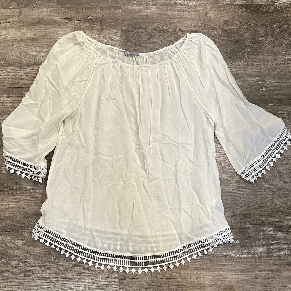 Tart White Medium Blouse with Cropped Bell‎ Sleeves with Crochet Trim